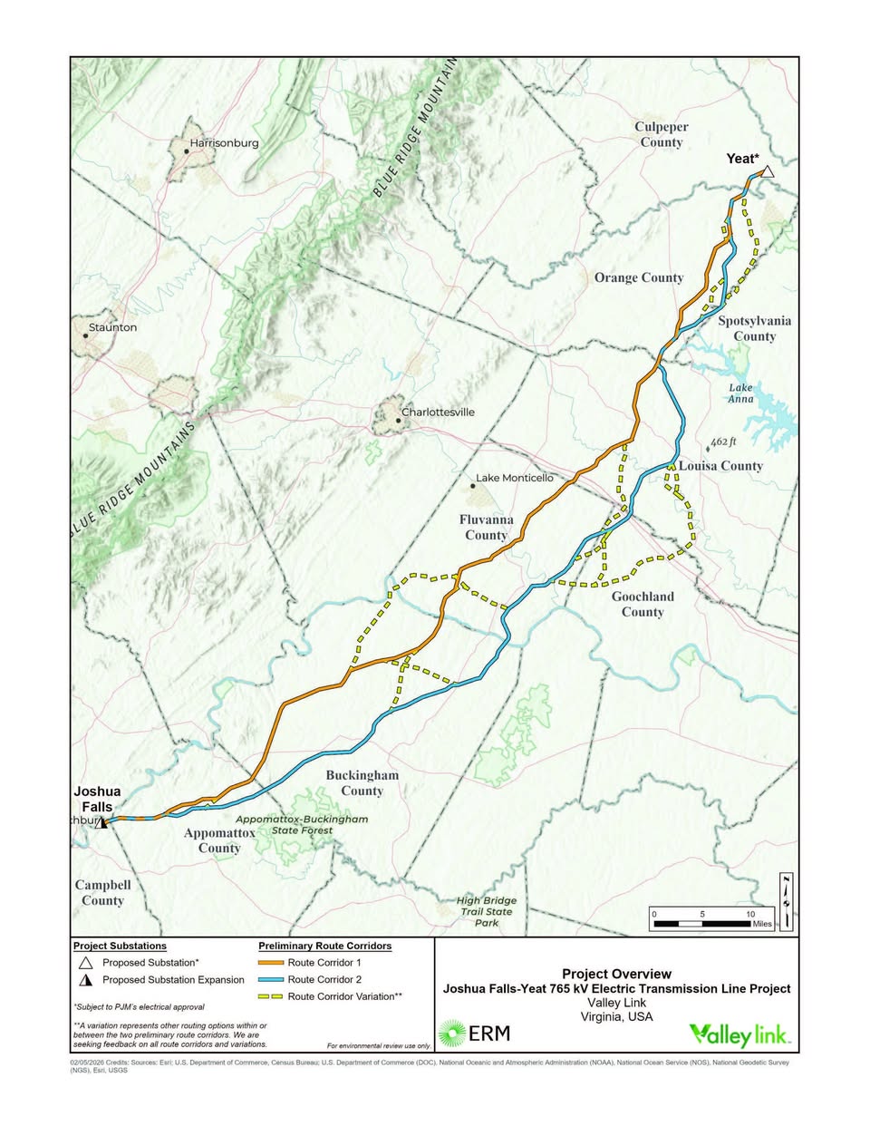 Joshua Falls to Yeat 765kV Transmission Line proposed route map showing two corridors through Orange County, Virginia
